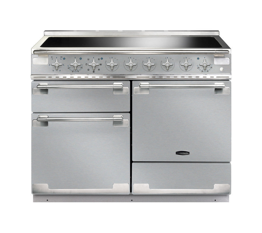 Rangemaster Elise 110 induction range cooker in stainless steel with multiple ovens and control knobs