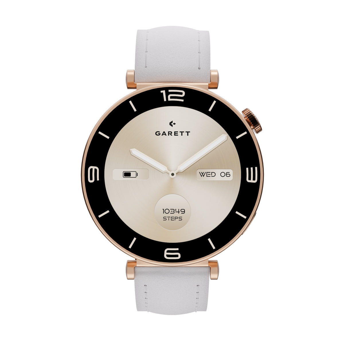 Smartwatch Garett with rose gold case, black bezel, white dial, and white leather strap, showing time and steps.