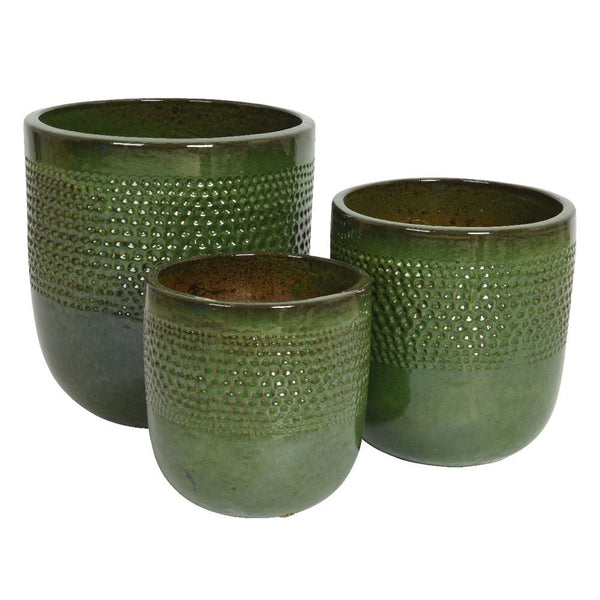 Set of 3 Handmade Colin Planter Outdoor Pots, Glazed Green Terracotta, 48cm Dia, 50cm H – Keans Claremorris