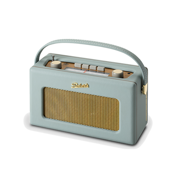 Roberts R260DE Revival Radio in duck egg blue with gold speaker grille and top control dials, angled view.