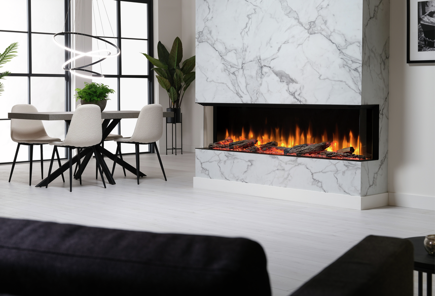 Dimplex Ignite Ultra 74 electric fireplace with realistic flames set in a modern marble surround in a living room.