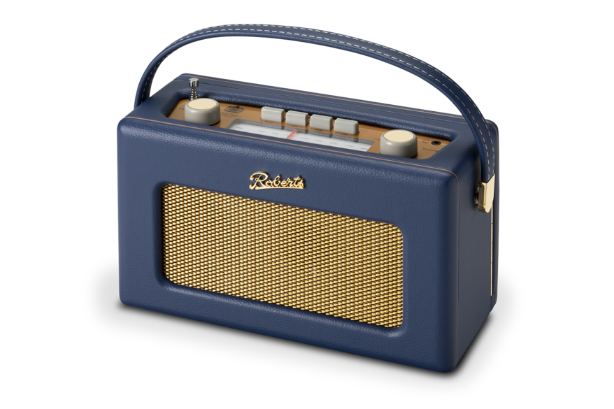 Roberts Revival Radio in midnight blue with gold speaker grille and top control knobs, angled view.