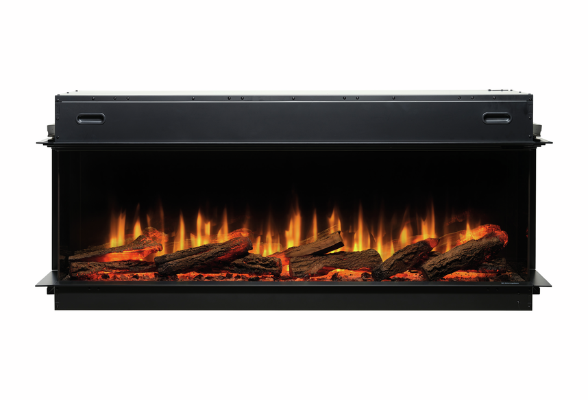 Dimplex Ignite Ultra 60 built-in electric fireplace with glowing logs and dynamic orange flames against a black frame.