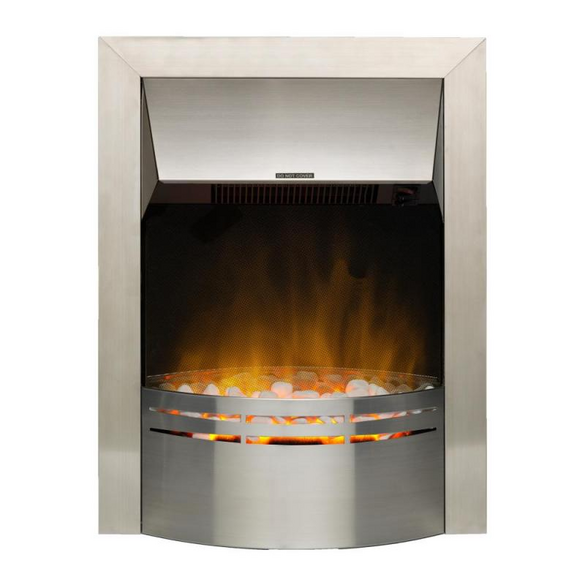 Dimplex 2kw electric inset fire in silver with glowing ember effect and modern curved front panel.