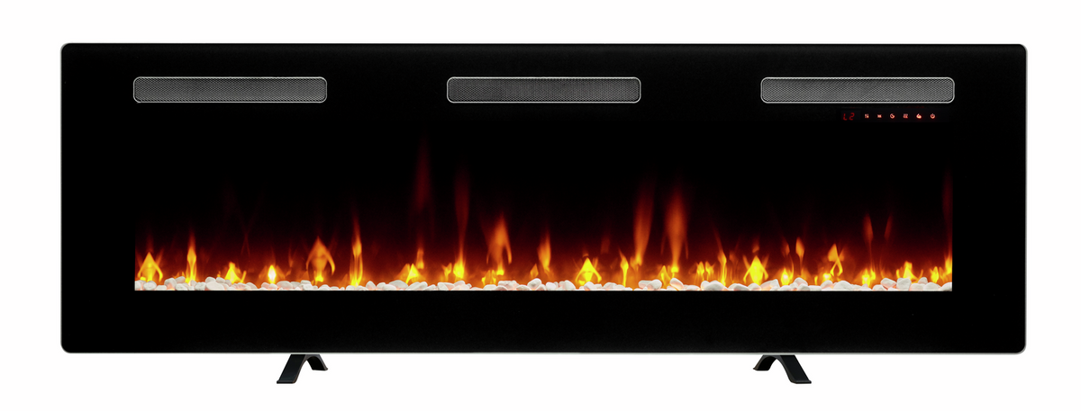 Dimplex Sierra 60" wall fire with glowing flames and white stones in a black frame on stand legs