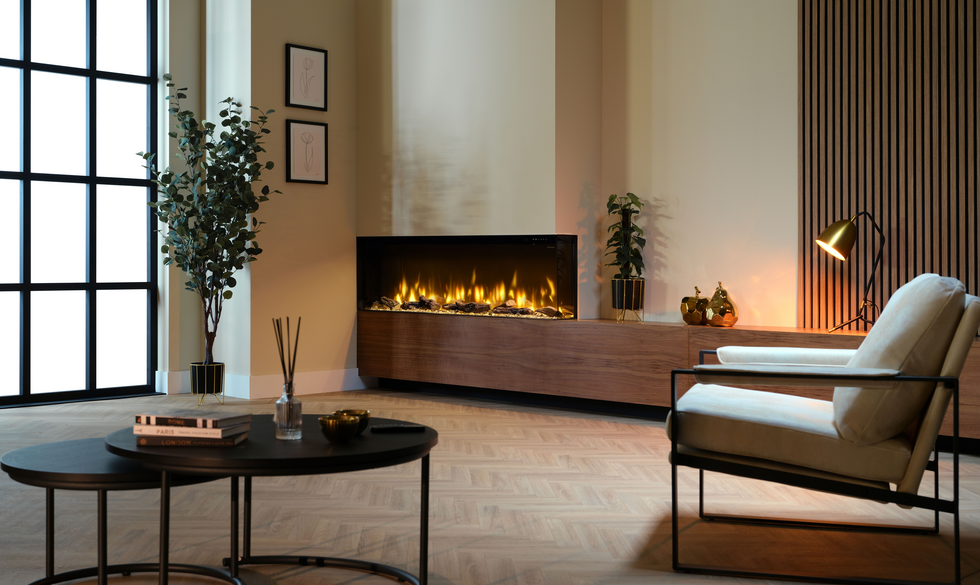 Dimplex Ignite Bold 60″ built-in electric fire with glowing flames in a modern living room setting.