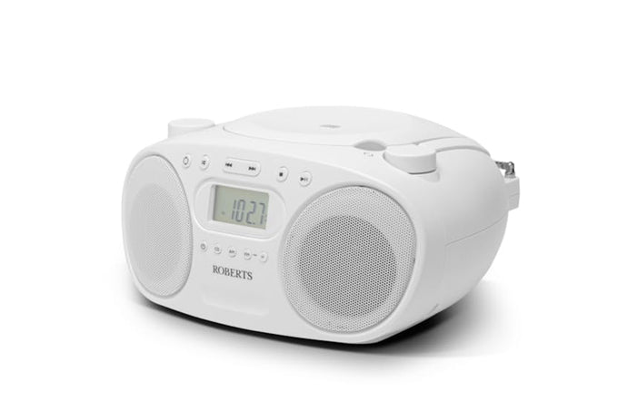 Roberts Zoombox portable white boombox with CD player, FM/AM radio, dual stereo speakers – available at Kean’s Claremorris.
