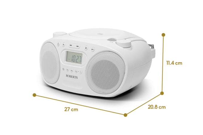 Roberts Zoombox FM radio with CD player in white, portable music system – available at Keans Claremorris