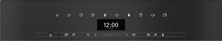 Miele built-in coffee machine control panel with digital display showing 12:00 and beverage icons in stainless steel finish