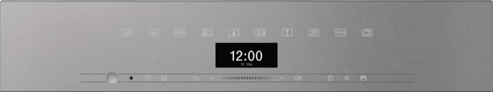 Control panel close-up of Miele DGC 7440 HCX Pro ArtLine steam and combi oven in graphite grey showing digital display and