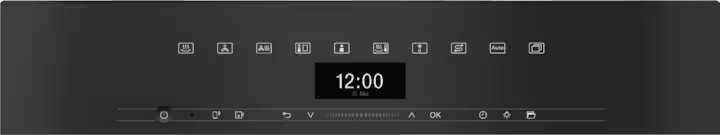 Miele DGC 7440 HCX Pro ArtLine steam and combi oven control panel with digital clock and touch buttons in obsidian black