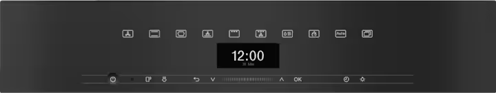 Close-up of Miele H 7464 BP oven control panel with digital clock and touch-sensitive buttons