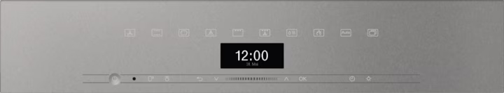 Close-up of Miele H 7464 BP VitroLine oven control panel with digital clock and touch icons in graphite grey.