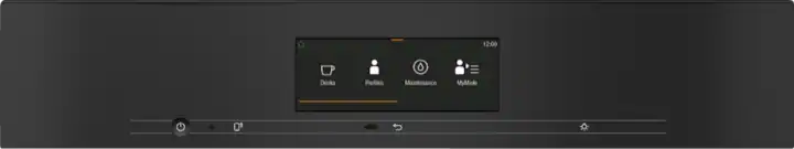 Front view of Miele Built-In Coffee Machine CVA 7845 control panel with digital display and touch buttons.