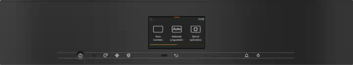 Close-up of Miele H 7640 BM oven microwave combi control panel with digital display and touch buttons.