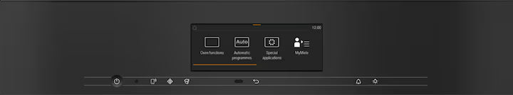 Close-up of Miele H 7840 BM oven microwave combi touchscreen control panel in stainless steel finish.