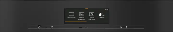 Close-up of Miele H 7860 BP oven touchscreen control panel showing menu options on black background.