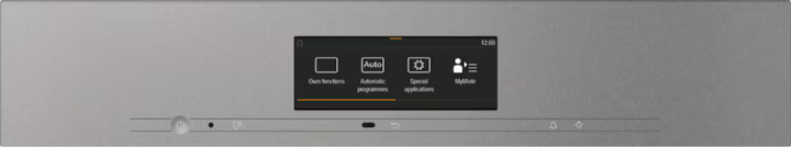 Close-up of Miele H 7860 BP oven control panel showing digital display and touch controls in graphite grey.