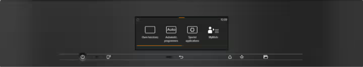 Close-up of the Miele H 7860 BPX ArtLine oven touchscreen control panel in obsidian black.
