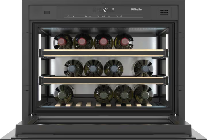 Miele KWT 7112 iG wine cooler with door open, showing three racks holding 11 bottles inside.