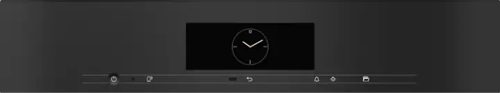 Close-up of Miele H 7860 BPX ArtLine oven control panel with digital clock and touch buttons in obsidian black matt.