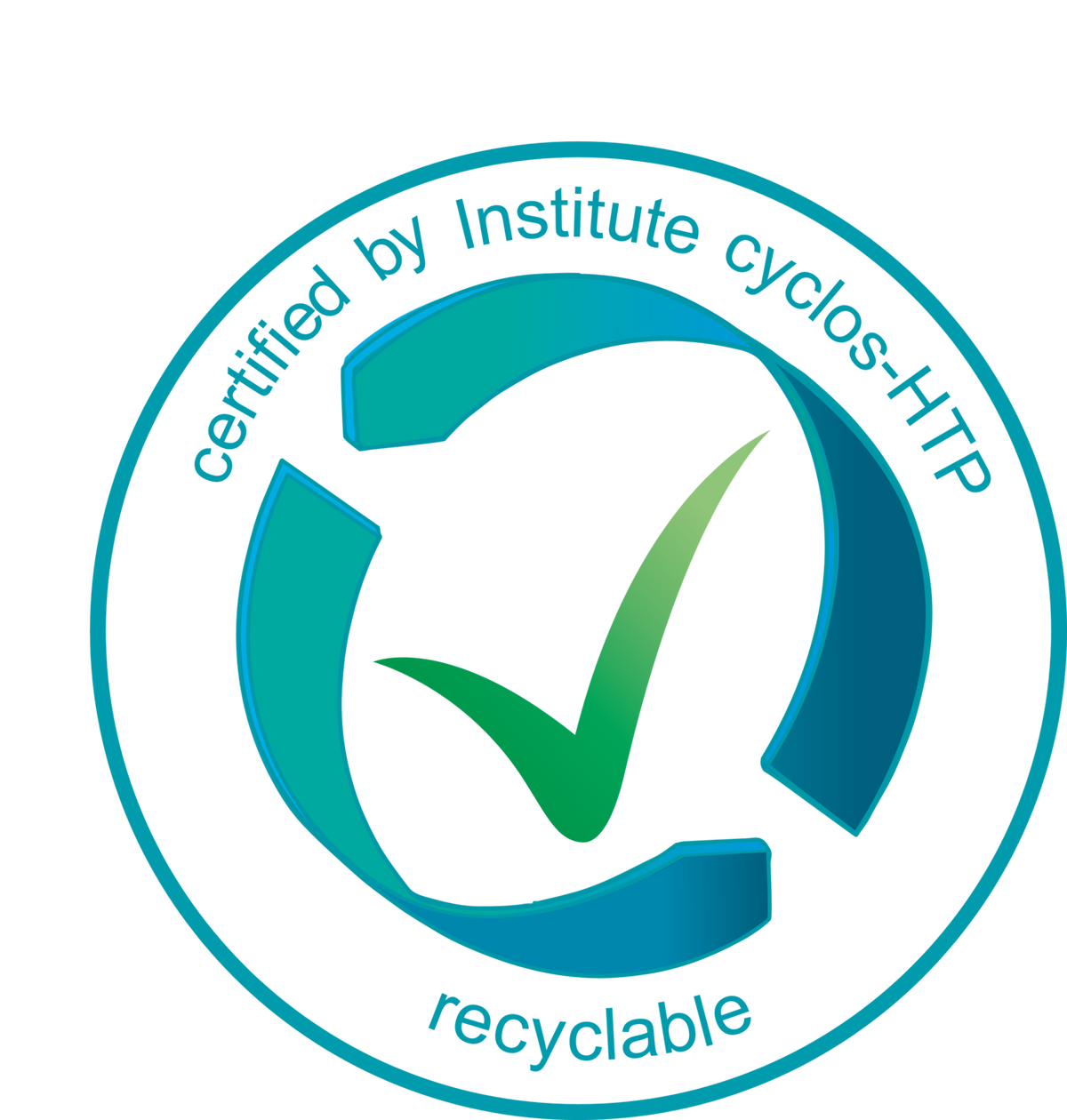 Certification logo with a green checkmark and text "certified by Institute cyclos-HTP recyclable" in a blue circle