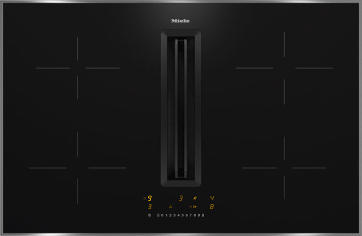 Miele KMDA7272FR-U black 80cm induction hob with four cooking zones and central downdraft extractor panel.