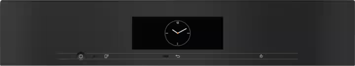 Miele built-in coffee machine control panel in obsidian black matt with digital clock display and touch buttons.