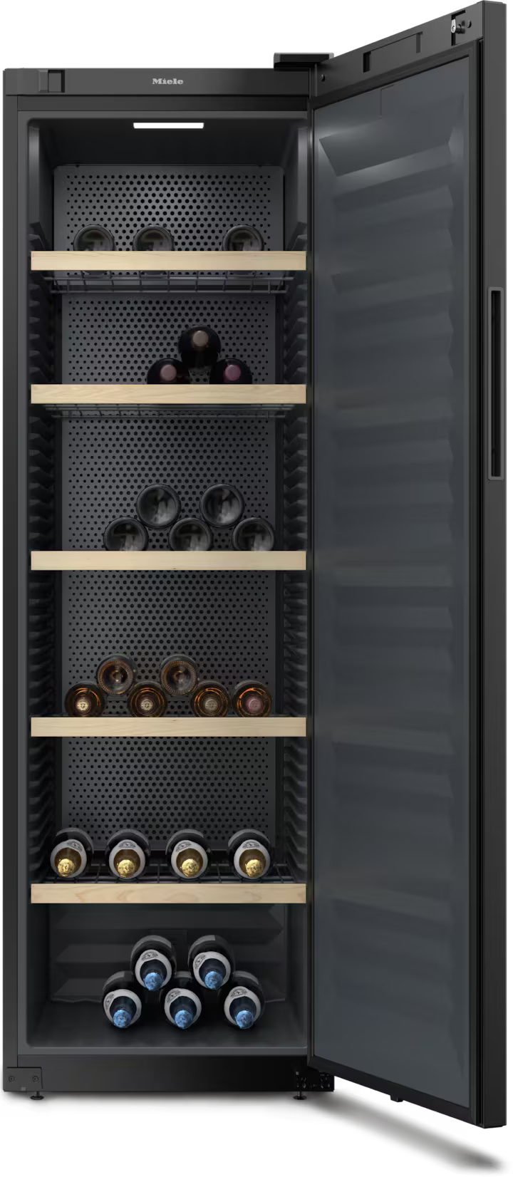 Miele KWT 4584 E built-in wine cooler with open door showing five wooden shelves holding wine bottles.