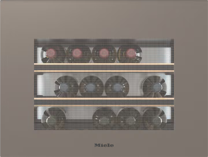 Miele KWT 7112 iG wine cooler in pearl beige with three shelves holding wine bottles behind a tinted glass door.