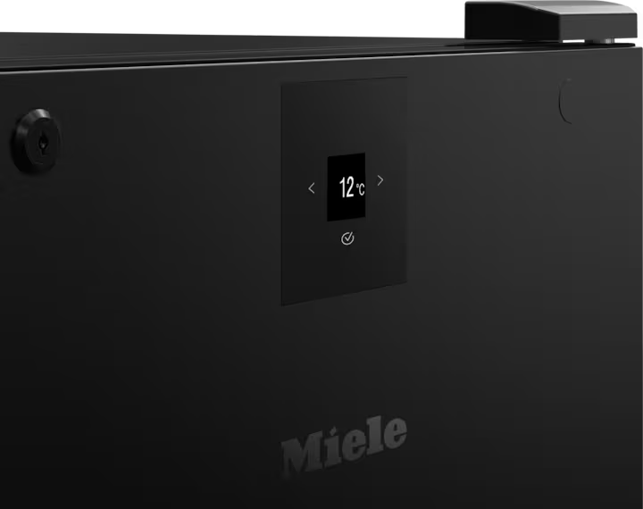 Close-up of the Miele KWT 4584 E wine cooler's black control panel showing a 12°C temperature setting.