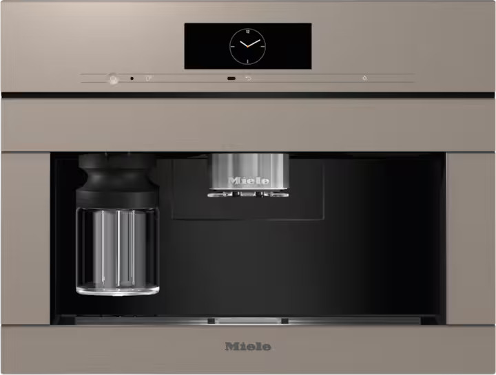 Miele CVA 7845 built-in coffee machine in pearl beige with touchscreen and glass milk container.