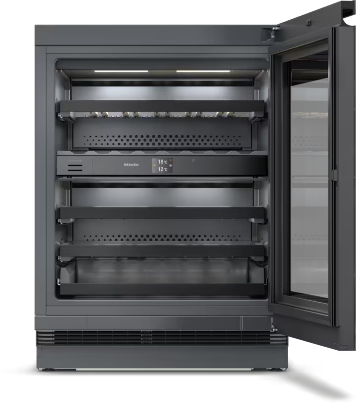 Miele KWTUS 7074 F under counter wine cooler with open glass door and digital temperature display