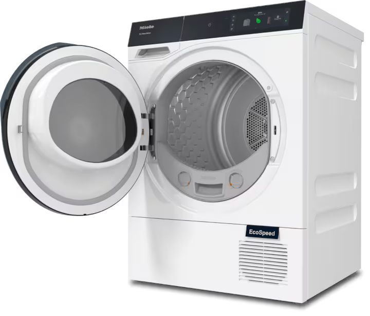 Miele TQ 1000 WP 9kg dryer with open door showing SilenceDrum interior and EcoSpeed label on front panel.