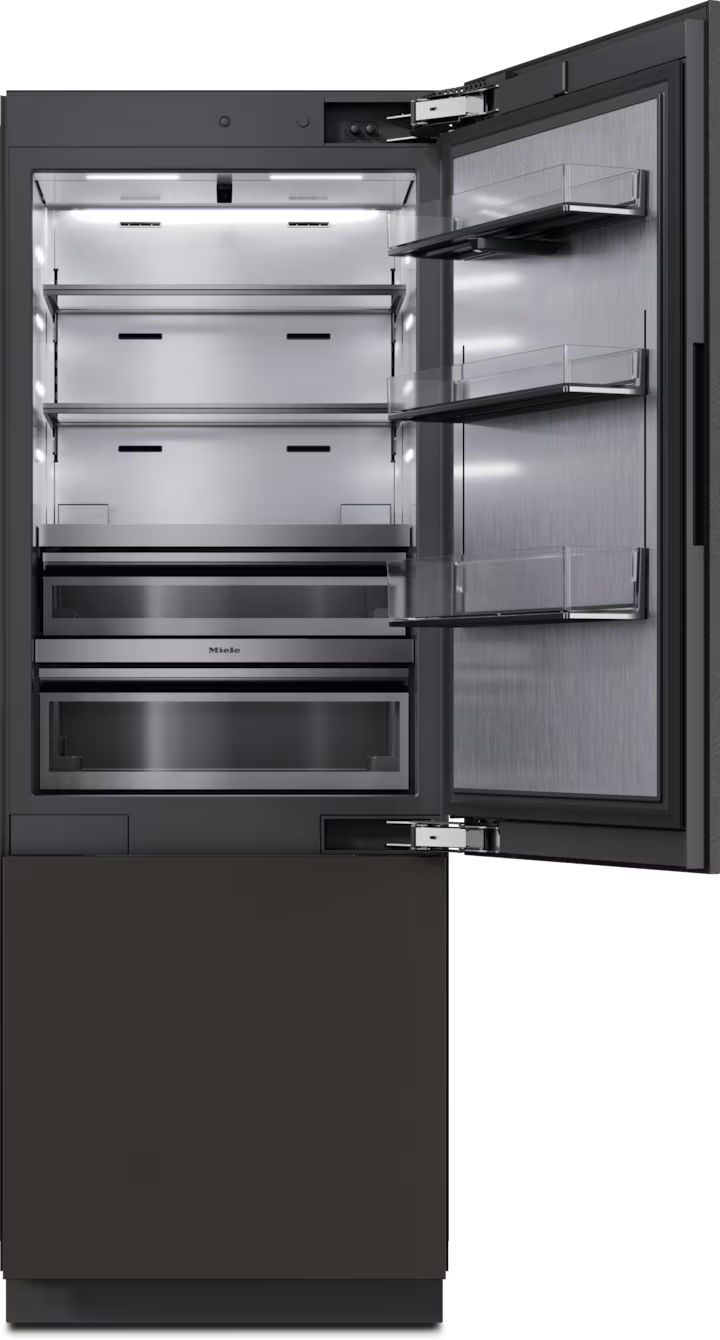 Miele KFMC 3834 R MasterFreshPro fridge freezer with open door showing shelves and drawers inside