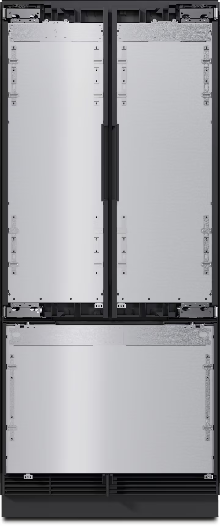 Miele KFMC 3844 FD 90cm French door fridge freezer with stainless steel doors and black handles, front view