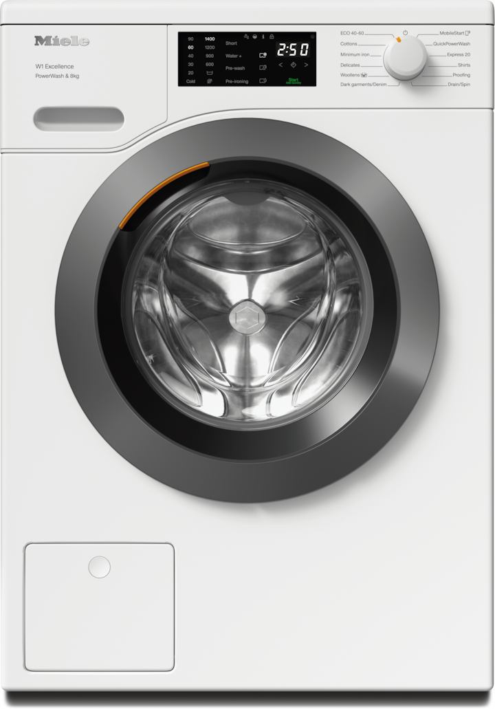 Miele WEB365WCS front-load washing machine in lotus white with digital display and rotary program selector.