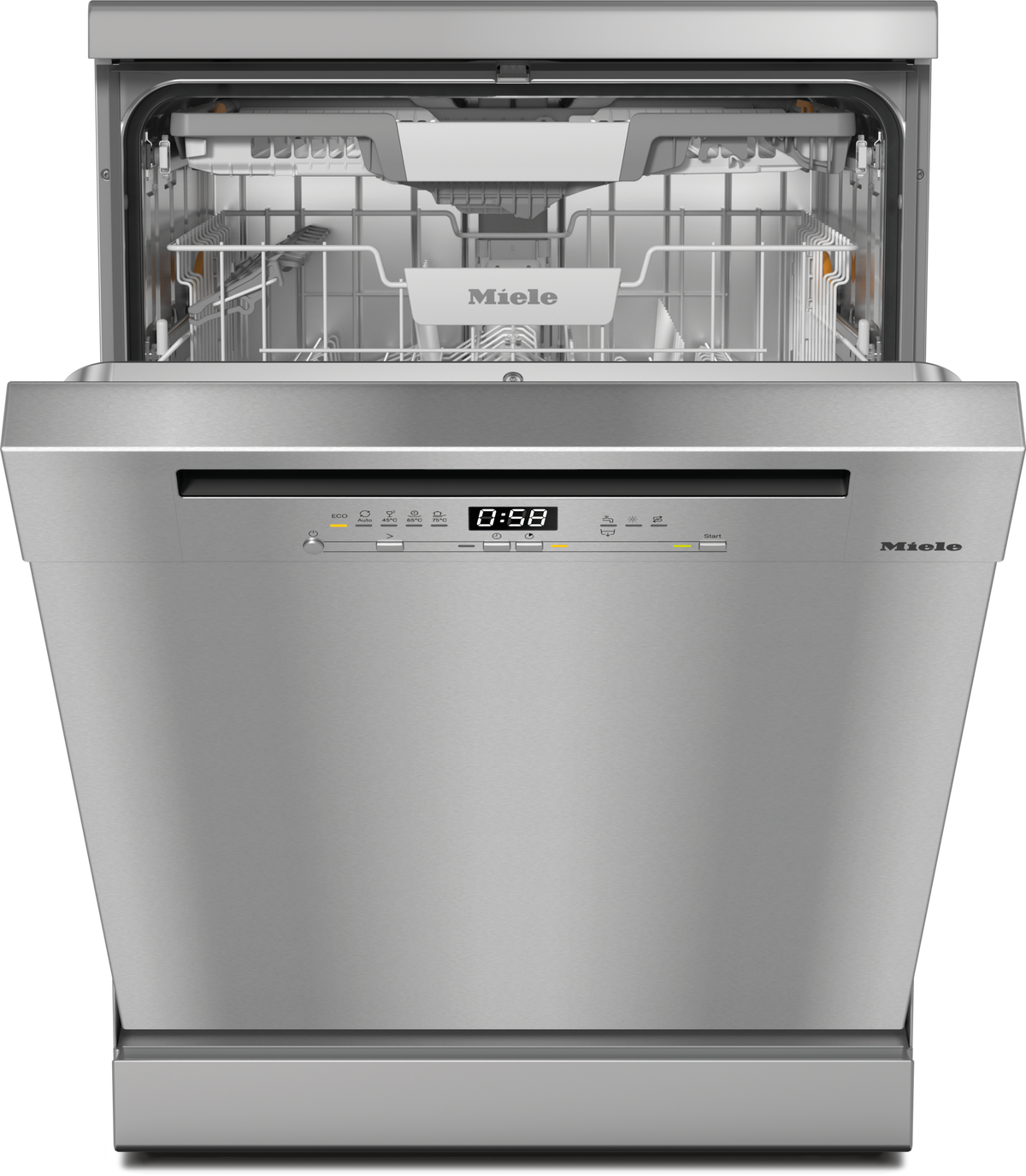 Open Miele G 5811 SC CleanSteel freestanding dishwasher showing empty racks and control panel with digital display
