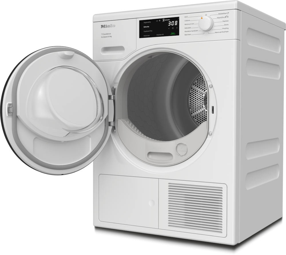 Miele 9kg Eco Speed Heatpump Dryer with open door showing drum and control panel with dial and display