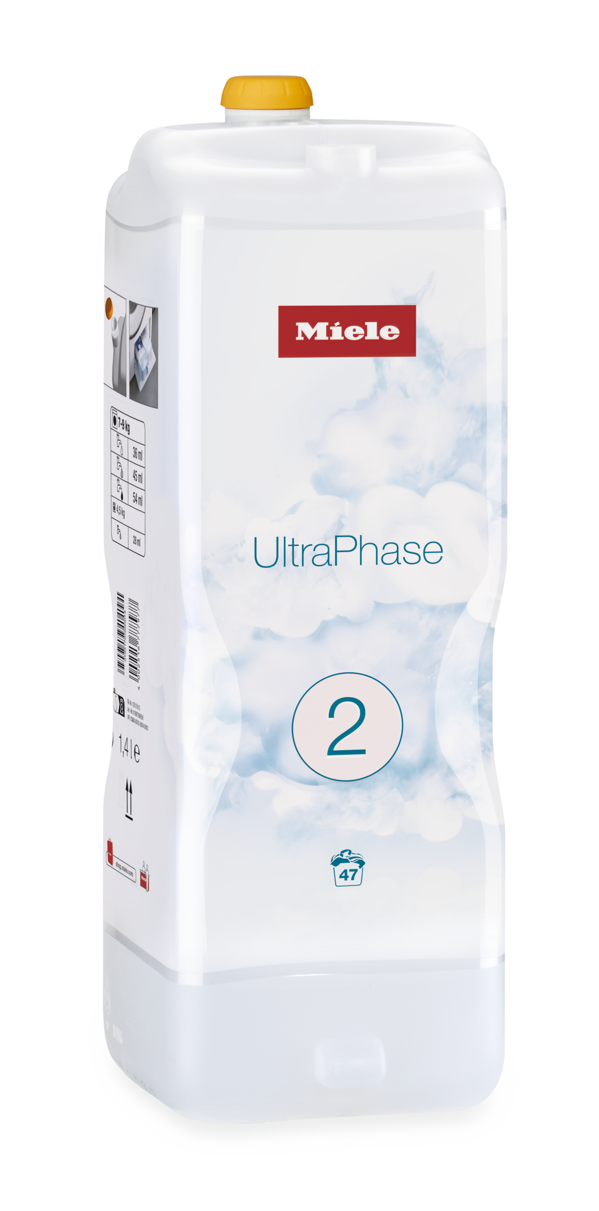 White plastic bottle of Miele UltraPhase 2 detergent with yellow cap and blue cloud design on label