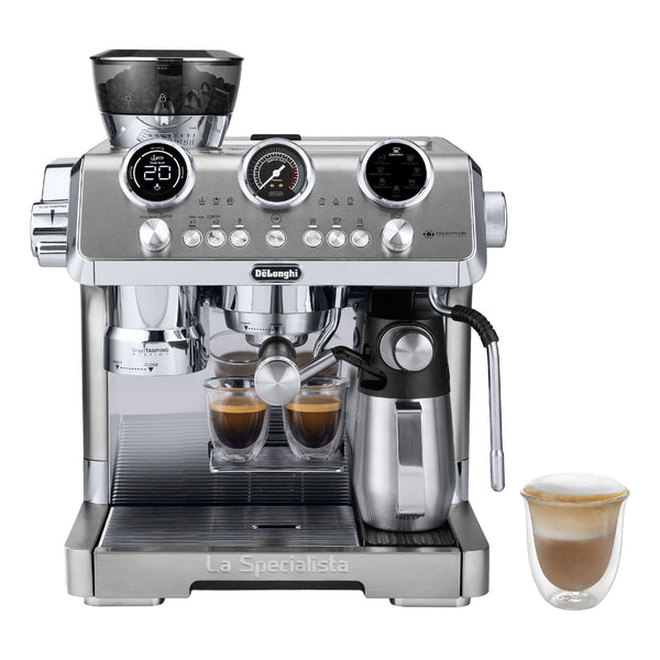 Silver espresso machine with two cups of coffee on a white background