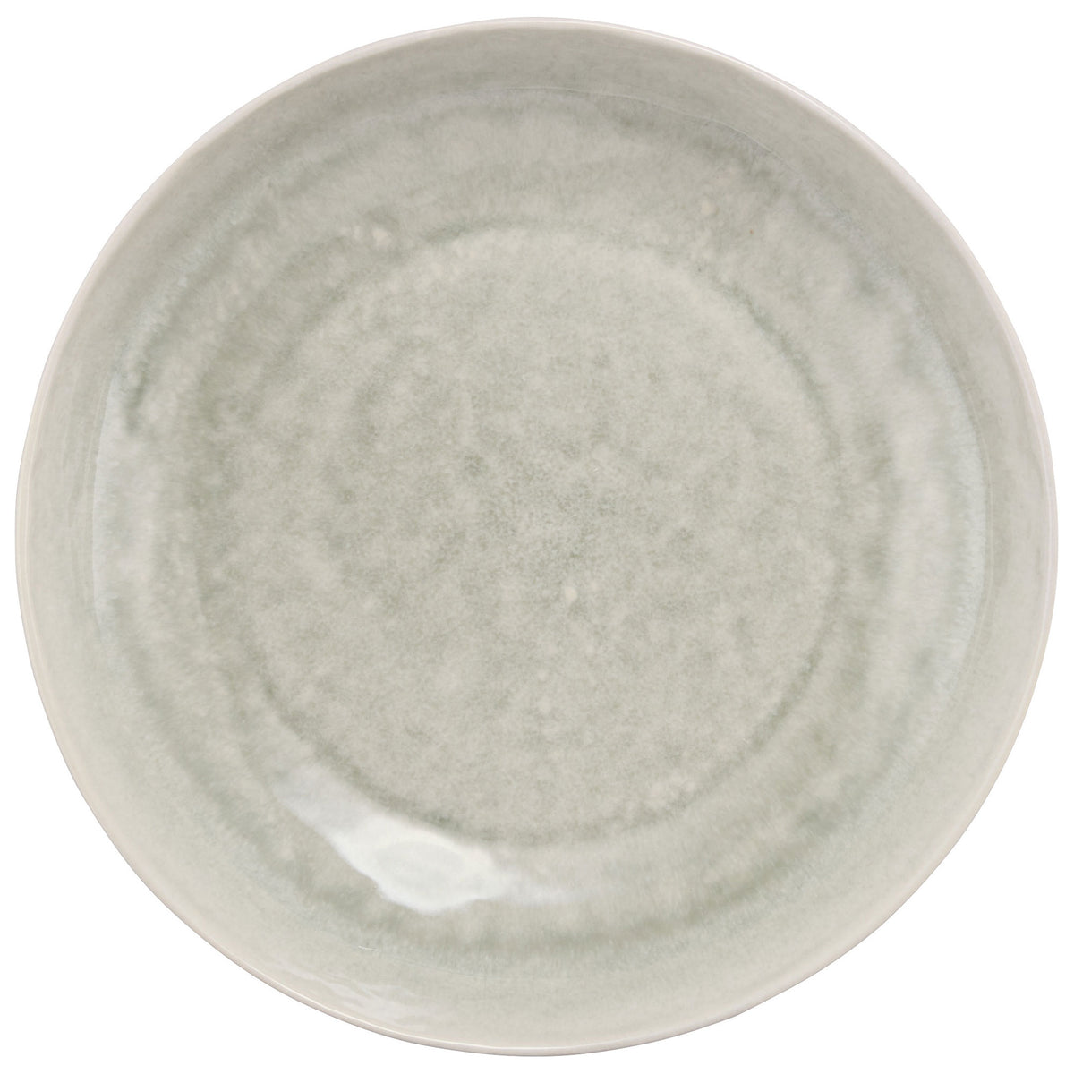 Close-up of a single grey-green glazed Stellar Stoneware Bantham pasta bowl with a subtle textured finish