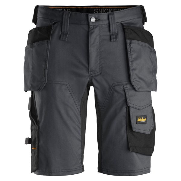 Snickers Stretch Shorts in black and grey with multiple pockets and reinforced stitching.