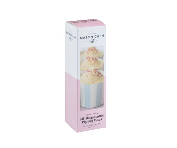 Box of 50 small disposable plastic piping bags with cupcake image on pink and white packaging