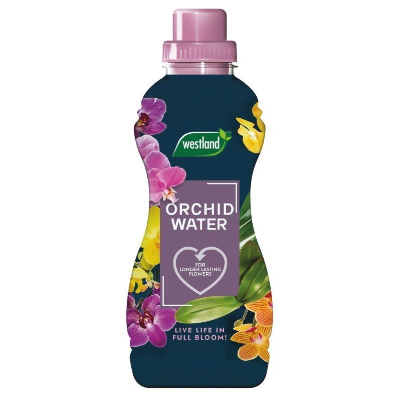 Westland Orchid Water 720ml bottle with floral design and purple cap, promoting longer-lasting orchid flowers.