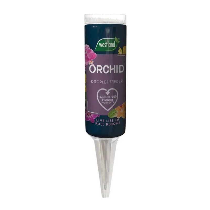 Westland Orchid Droplet Feeder 40ml with purple label and clear pointed applicator tip against white background