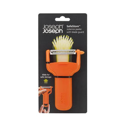 Joseph Joseph SafeStore orange julienne peeler with sharp stainless steel blade, integrated blade guard, and potato-eye