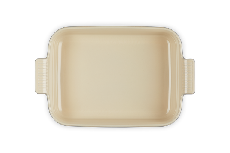 Le Creuset Stoneware Heritage rectangular dish in flint, 32cm, shown from above with handles visible.
