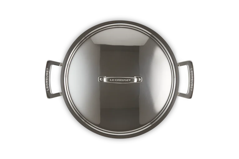Le Creuset Classic 3-ply stainless steel shallow casserole, top view showing lid and handles