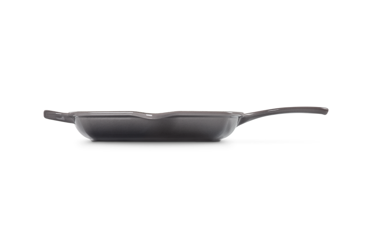 Le Creuset 26cm Square Grillit Flint cast iron grill pan shown from side on white background.